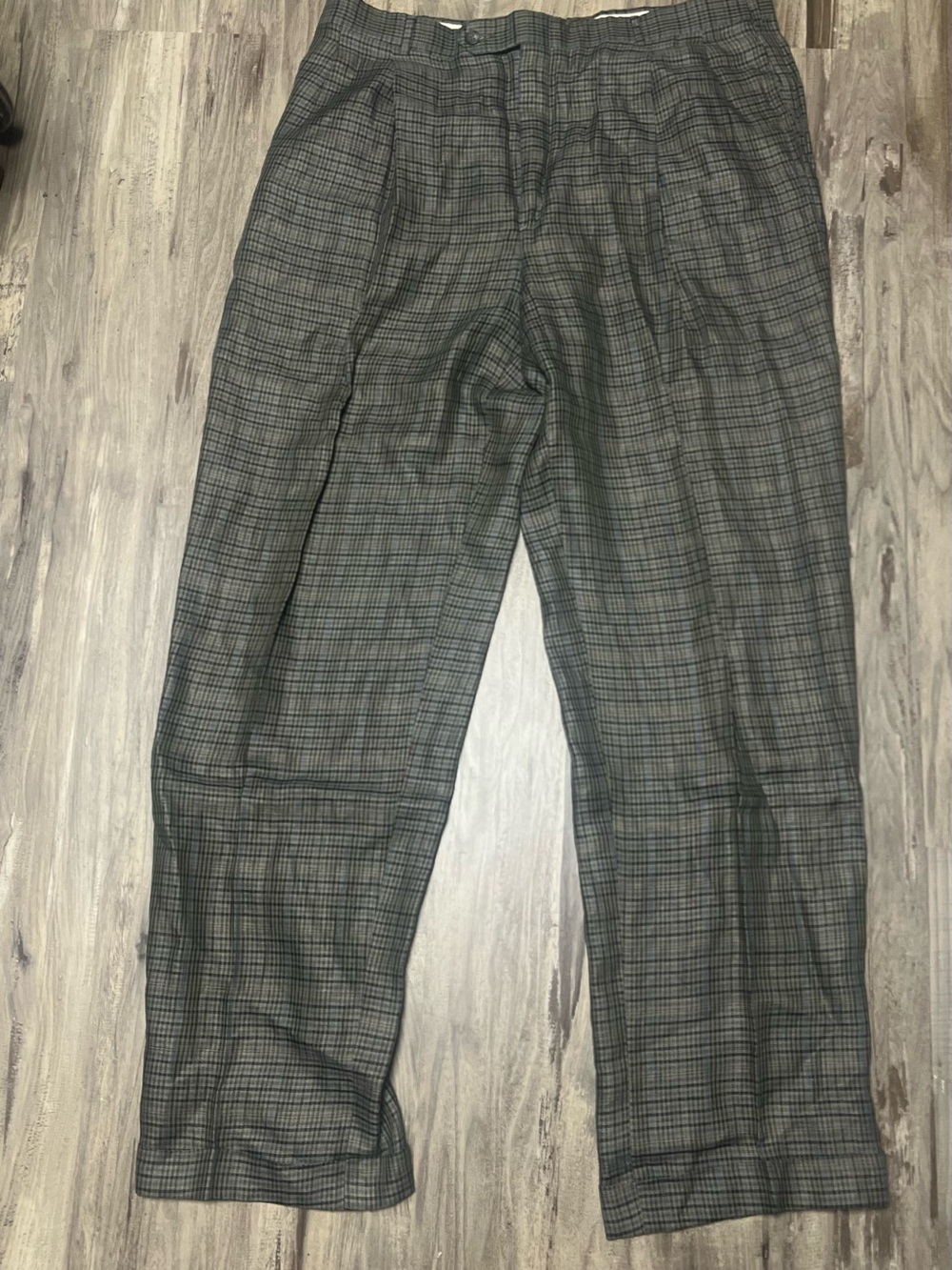 Vintage Briggs Ltd Gold Label Plaid Trousers Grey Blue Pleated Cuffed 36x34.5